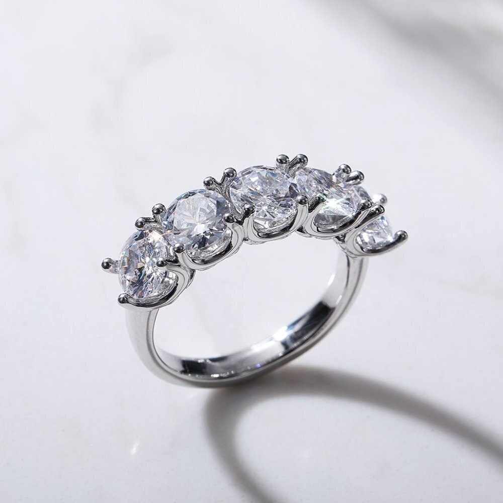 😍Lovely 5 Stone Round Dainty CZ Gems Silver Trendy Eternity Rings, K836 - Picture 4 of 9